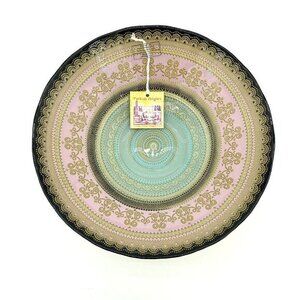 Turkish Delights Glass Bowl Serving Dinner Pink Blue Gold Handmade 11.75” NWT